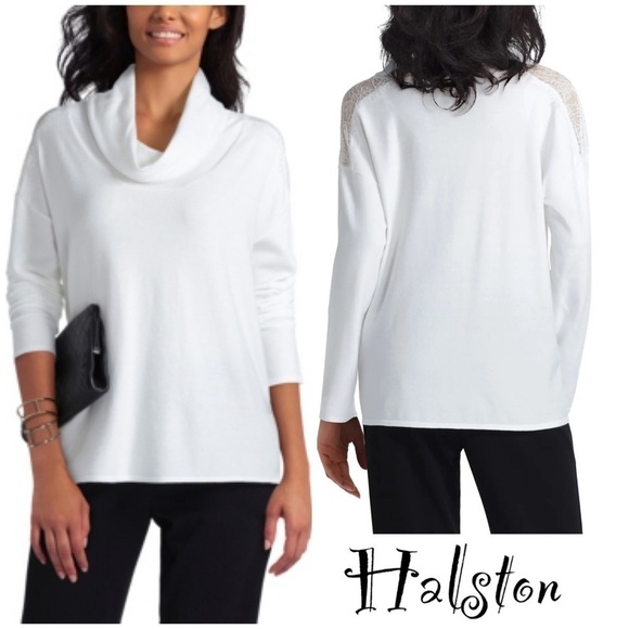 H HALSTON Women's Cowl Neck Lace Mix Sweater In Chalk lightweight fall spring - Picture 1 of 11